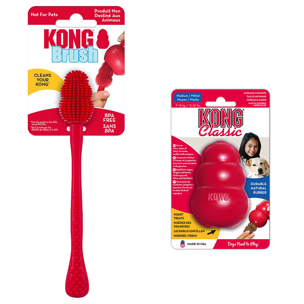 KONG Classic + cepillo de limpieza KONG - Pack Ahorro - KONG Classic M (8,5 cm) + cepillo de limpieza S-XXL