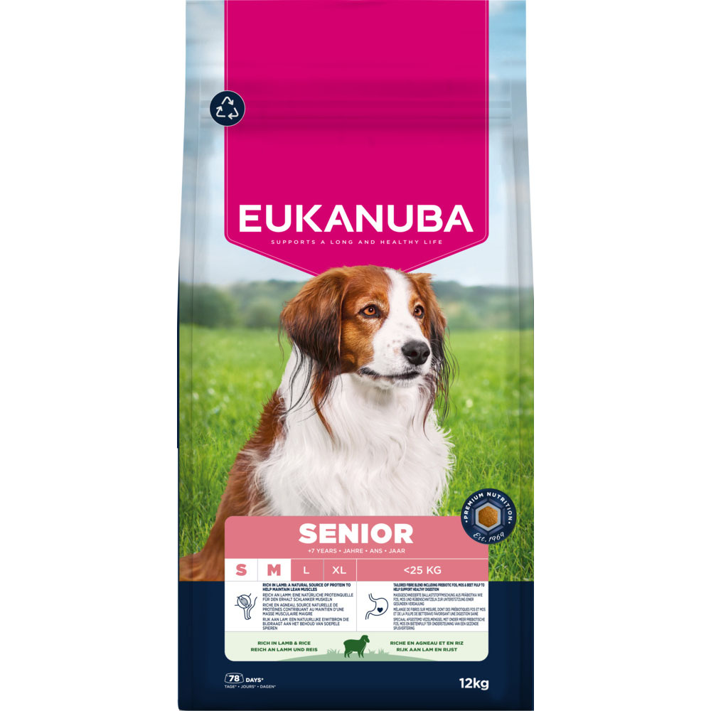 Pack Ahorro: Eukanuba 2 x 12/15 kg o 2 x 3 kg - Senior Small & Medium Breed cordero y arroz (2 x 12 kg)
